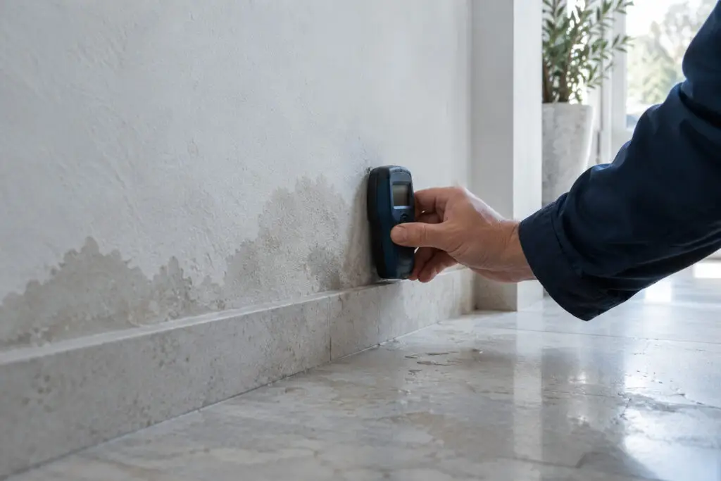 Hand mit einem Feuchtemessgerät an einer Wand neben einer dezenten Wasserstelle
