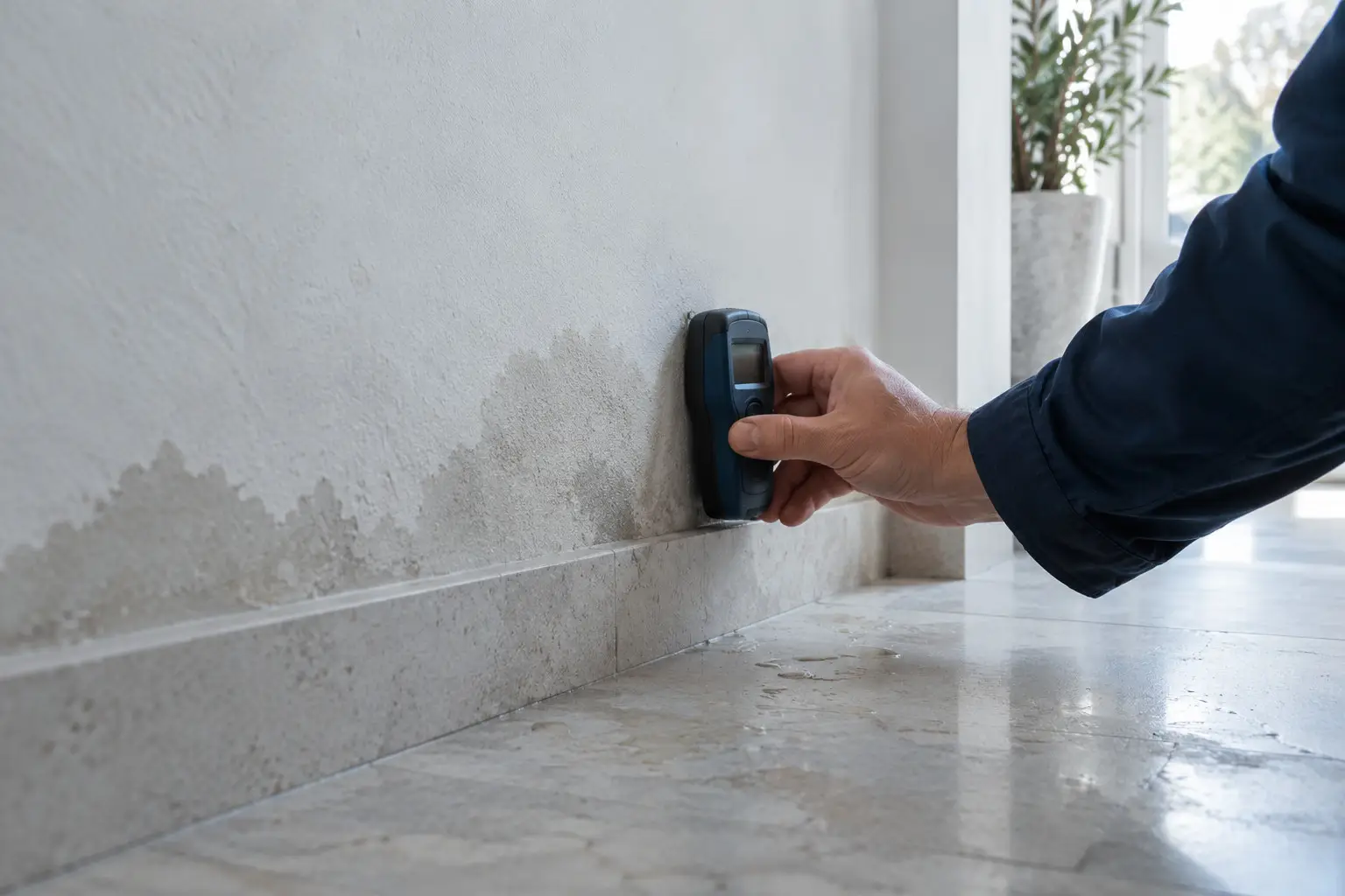 Hand mit einem Feuchtemessgerät an einer Wand neben einer dezenten Wasserstelle