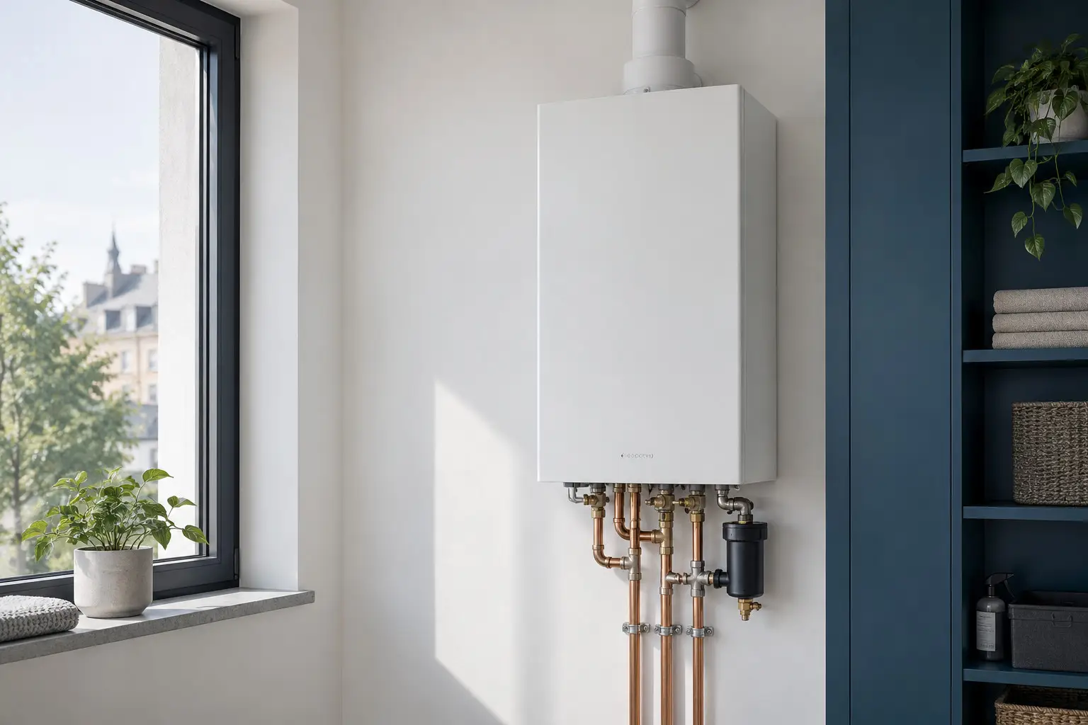 Unbeschriftetes wandhängendes Gasgerät in einem hellen Technikbereich