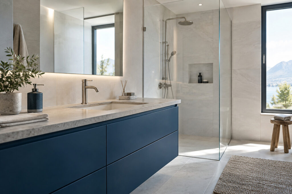 Helles Badezimmer mit marineblauem Waschtischunterschrank und Edelstahlarmatur