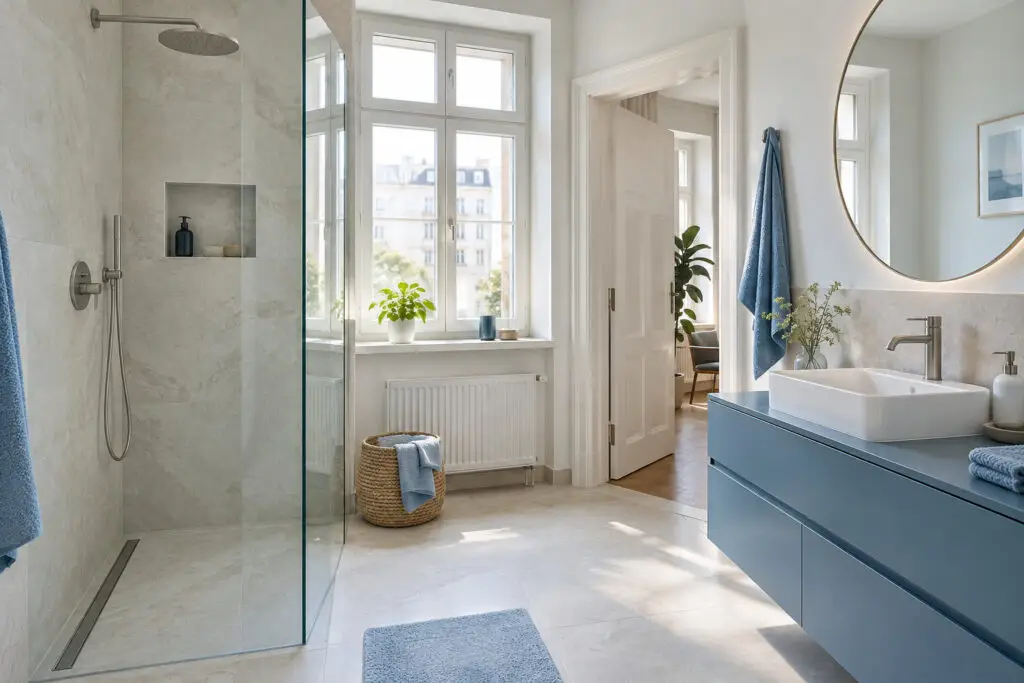 Helles Badezimmer mit Dusche, Waschtisch und blauem Unterschrank