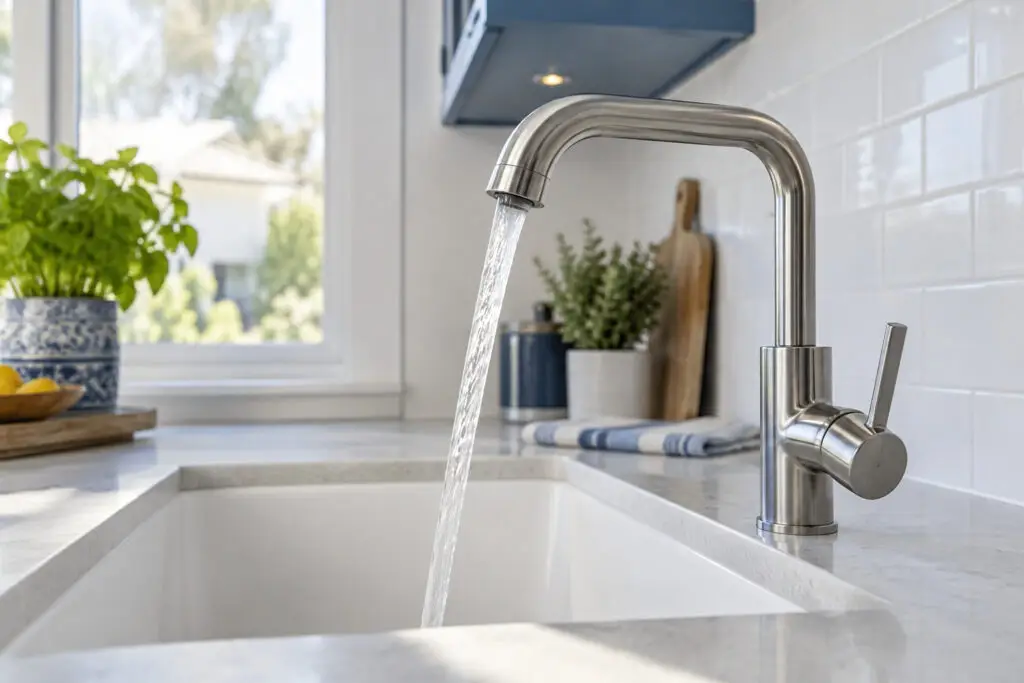 Edelstahlarmatur über einer Küchenspüle mit fließendem Wasser